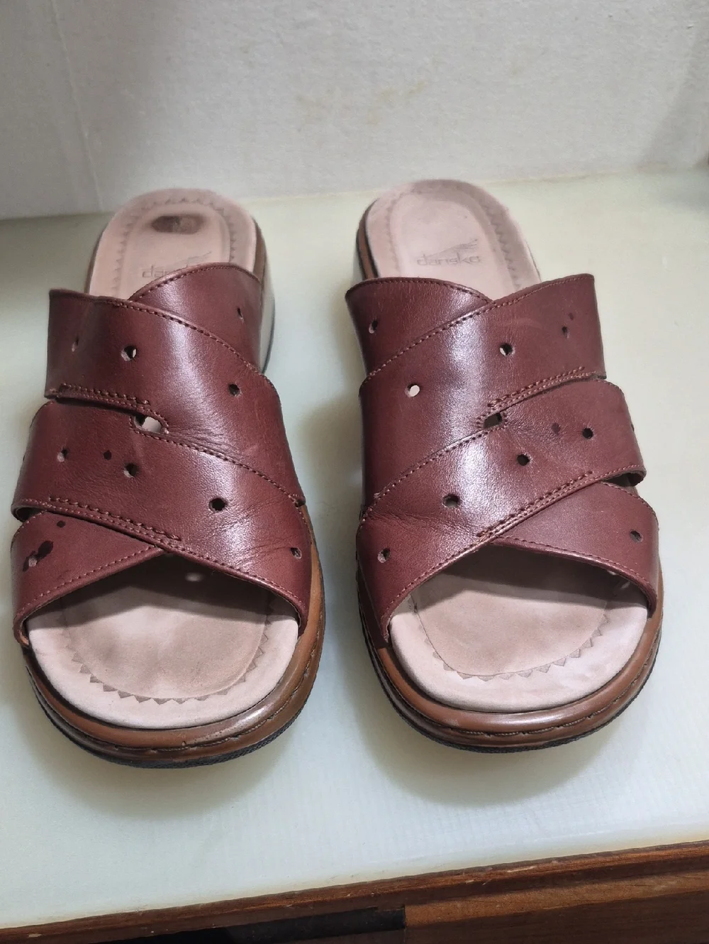Dansko Brown Leather Cross-Strap Slide Sandals
